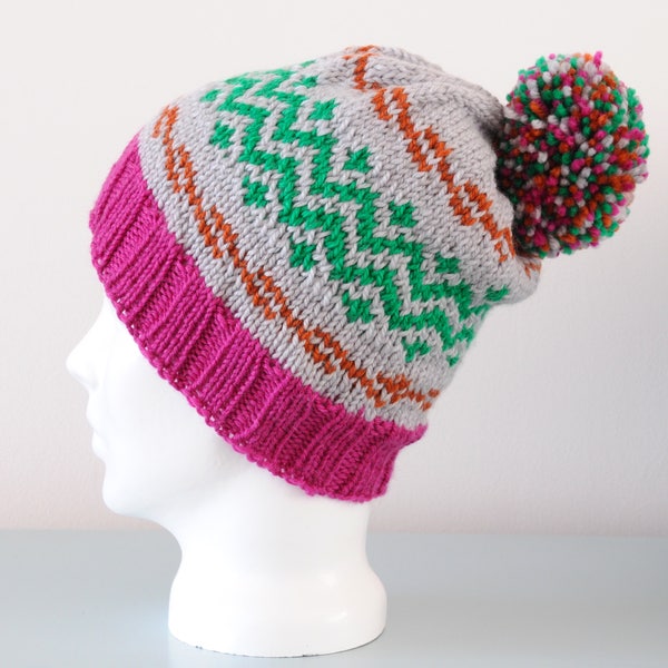 Green Zig Zag Fair Isle Beanie Hat - Grey Pink Brown Modern Knitted Merino Wool Pom Pom Unisex Winter Accessory