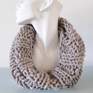 Light Grey Cowl Reversible Infinity Scarf Chunky Knitted Bulky Merino Wool Winter Accessory Unisex Gift image 1