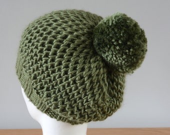 Olive Green Slouch Hat - Fisherman Honeycomb Beanie Pom Pom Knitted Merino Silk Wool Unisex Winter Accessory Gift - REDUCED