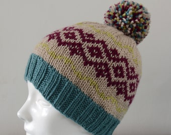 Beige Fair Isle Beanie Hat - Maroon Green Yellow Modern Knitted Zig Zag Merino Wool Pom Pom Unisex Winter Gift