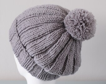 Grey Pom Pom Beanie Hat - Knitted Ribbed Slouch Chunky Merino Wool Unisex Winter Accessory