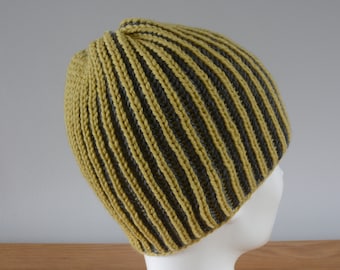Mustard Yellow & Grey Brioche Beanie Hat - Knitted Reversible Ribbed Merino Wool Unisex Outdoors Gift