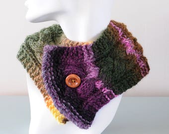 Purple Knitted Neckwarmer - Green Pink Short Scarf Chunky Wool Cable Scarflette Collar Winter Accessory