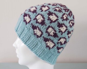 Blue Sheep Beanie Hat - Modern White & Purple Knitted Merino Wool Unisex Outdoors Gift