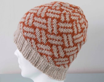 Brown & Beige Geometric Beanie Hat - Knitted Crosshatch Merino Wool Unisex Outdoors Gift