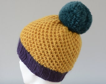 Yellow Wool Beanie: Knitted Honeycomb Hat with Green Pom