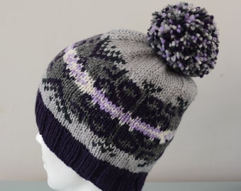 Grey Fair Isle Beanie Hat - Purple Lavender Cream Modern Knitted Merino Wool Monochrome Pom Pom Unisex Winter Accessory