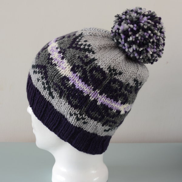 Grey Fair Isle Beanie Hat - Purple Lavender Cream Modern Knitted Merino Wool Monochrome Pom Pom Unisex Winter Accessory