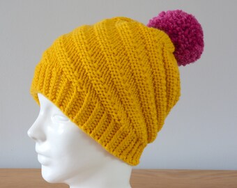 Yellow Merino Wool Spiral Knit Beanie with Pink Pom