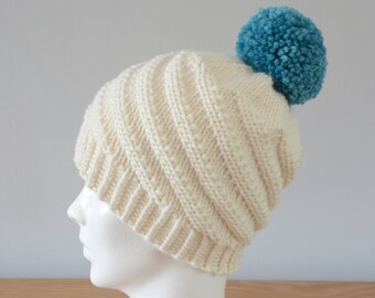 Merino Wool Spiral Knit Beanie: White Swirl Hat with Turquoise Pom