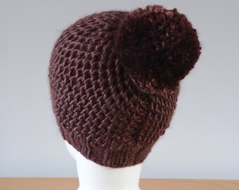 Chocolate Brown Pom Pom Beanie: Knitted Merino Silk Wool Hat