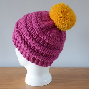 Pink Ribbed Beanie Chunky Merino Wool Hat Yellow Pom Pom Knitted Winter Accessory Gift image 1