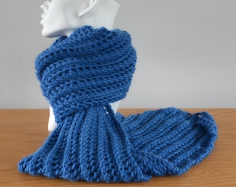 Blue Chunky Lace Scarf - Knitted Textured British Wool Winter Accessory Colourful Unisex Gift