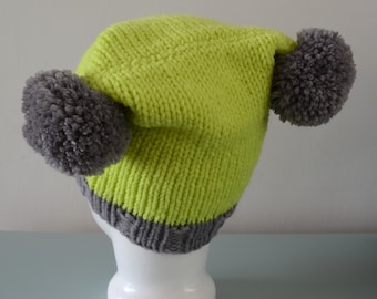 Lime Green Double Pom Pom Hat - Knitted Grey Beanie Merino Wool Unisex Winter Accessory Colourful Outdoors Gift