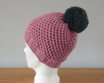 Pink Hat - Fisherman Honeycomb Beanie Grey Pom Pom Knitted Wool Unisex Winter Accessory Gift