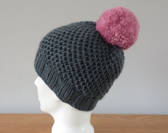 Grey Hat - Fisherman Honeycomb Beanie Pink Pom Pom Knitted Wool Unisex Winter Accessory Gift