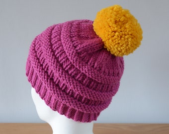 Pink Ribbed Beanie - Chunky Merino Wool Hat Yellow Pom Pom Knitted Winter Accessory Gift