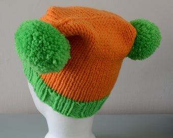 Orange Double Pom Pom Hat - Knitted Green Beanie Merino Wool Unisex Winter Accessory Colourful Outdoors Gift