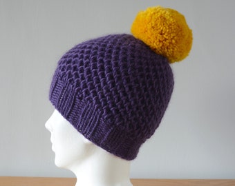 Purple Hat - Fisherman Honeycomb Beanie Yellow Pom Pom Knitted Wool Unisex Winter Accessory Gift