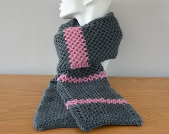 Grey Honeycomb Scarf - Pink Stripe Knitted Chunky Fisherman Rib Textured British Wool Winter Accessory Colourful Unisex Gift