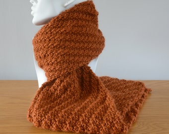 Brown Knitted Scarf - Chunky Diagonal Rib British Wool Unisex Winter Accessory Gift