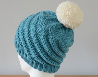 Turquoise Spiral Beanie - Merino Wool Swirl Hat White Pom Pom Knitted Unisex Winter Accessory Gift