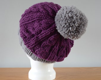 Grey & Purple Cable Beanie Hat - Knitted Chunky Deep Purple Merino Wool Slouchy Grey Pom Pom Outdoors Winter Accessory