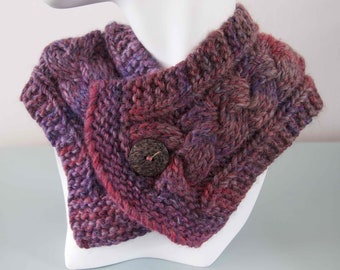 Dark Purple Knitted Neckwarmer - Pink Short Scarf Chunky Merino Wool Cable Scarflette Collar Winter Accessory