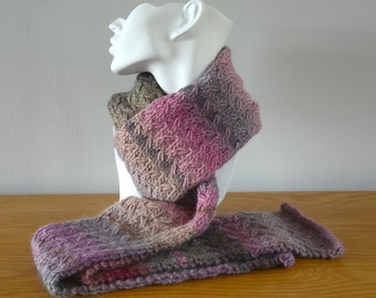 Pink Knitted Scarf - Purple Grey Chunky Green Wild Oats Pattern Merino Wool Acrylic Unisex Winter Accessory Gift