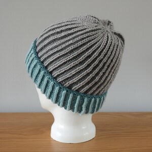 Grey & Blue Brioche Beanie Hat Green Knitted Reversible Ribbed Merino Wool Unisex Outdoors Gift image 3