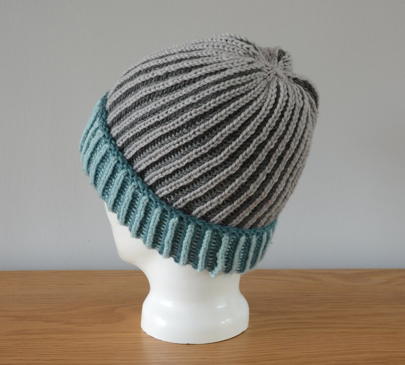 Grey & Blue Brioche Beanie Hat Green Knitted Reversible Ribbed Merino Wool Unisex Outdoors Gift image 3