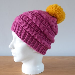 Pink Ribbed Beanie Chunky Merino Wool Hat Yellow Pom Pom Knitted Winter Accessory Gift image 3