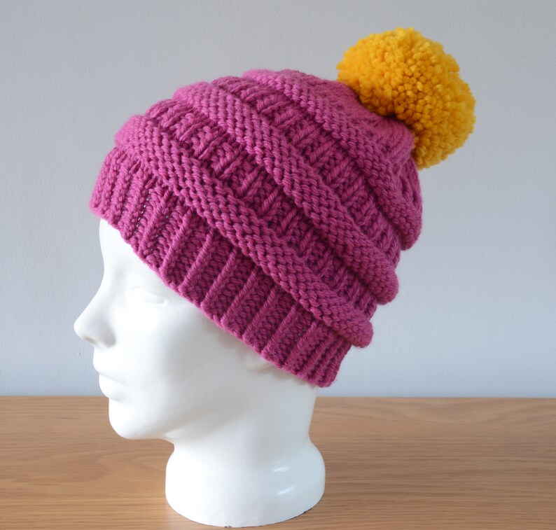 Pink Ribbed Beanie Chunky Merino Wool Hat Yellow Pom Pom Knitted Winter Accessory Gift image 3