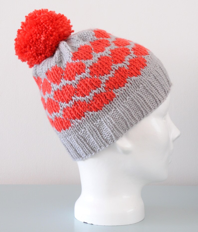 Red Heart Fair Isle Beanie Hat Small Grey Modern Knitted Merino Wool Pom Pom Valentine's Day Gift Winter Accessory image 5