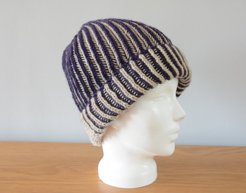 Purple & Beige Brioche Beanie Hat Knitted Reversible Ribbed Merino Wool Unisex Outdoors Gift image 1