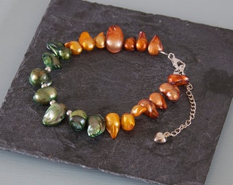 CLEARANCE Autumn Pearl Bracelet - Green, Bronze & Gold Freshwater Pearl Sterling Silver Jewellery