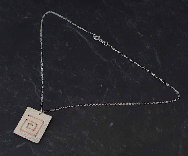 Square Spiral Necklace Hammered Pendant Sterling Silver Wire Wrapped Metalwork Jewellery image 4