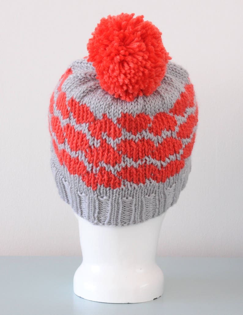 Red Heart Fair Isle Beanie Hat Small Grey Modern Knitted Merino Wool Pom Pom Valentine's Day Gift Winter Accessory image 4