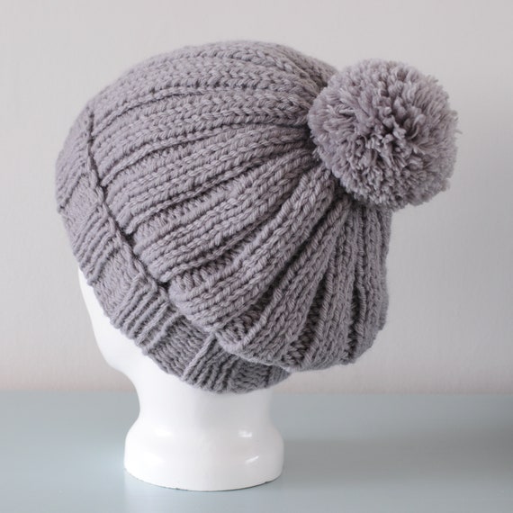Grey Pom Pom Beanie Hat - Knitted Ribbed Slouch Chunky  display picture 3