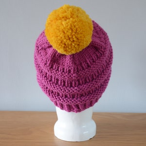 Pink Ribbed Beanie Chunky Merino Wool Hat Yellow Pom Pom Knitted Winter Accessory Gift image 4