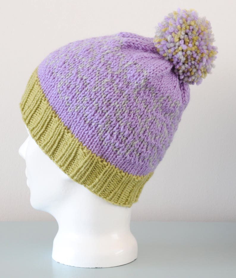 Lavender Heart Fair Isle Beanie Hat Pistachio Grey Modern Knitted Merino Wool Pom Pom Valentine's Day Gift image 2