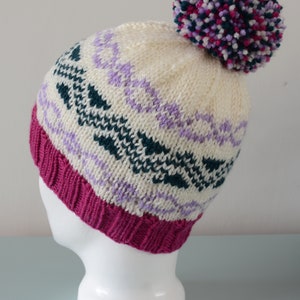 Cream Fair Isle Beanie Hat Green Lavender Pink Modern Knitted Zig Zag Merino Wool Pom Pom Unisex Winter Accessory image 3