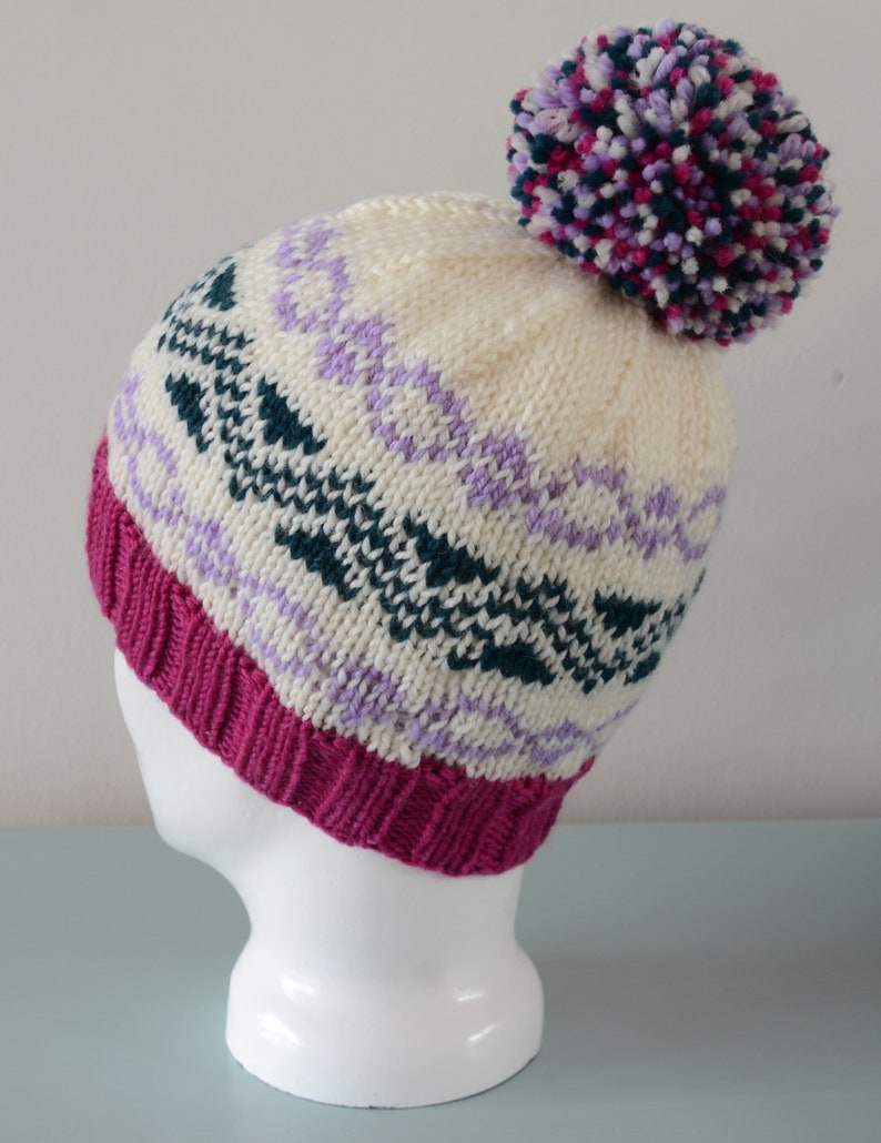 Cream Fair Isle Beanie Hat Green Lavender Pink Modern Knitted Zig Zag Merino Wool Pom Pom Unisex Winter Accessory image 3