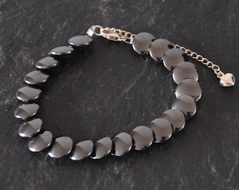 Hematite Bracelet - Black Grey Semi Precious Stone Beaded Fish Scale Sterling Silver Jewellery Gift