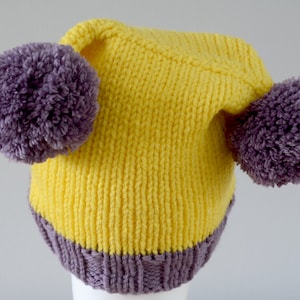 Yellow Purple Double Pom Pom Hat Knitted Beanie Merino Wool Unisex Winter Accessory Colourful Outdoors Gift image 1