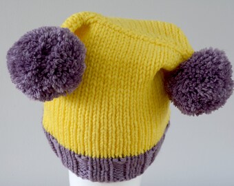 Yellow Merino Wool Knit Beanie: Purple Double Pom Pom Winter Hat