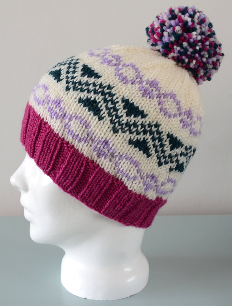 Cream Fair Isle Beanie Hat Green Lavender Pink Modern Knitted Zig Zag Merino Wool Pom Pom Unisex Winter Accessory image 2