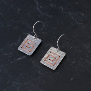 Square Spiral Earrings Sterling Silver Copper Wire Wrapped Metalwork Hammered Jewellery Gift image 2