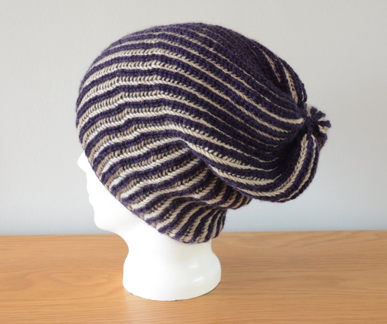 Purple & Beige Brioche Beanie Hat Knitted Reversible Ribbed Merino Wool Unisex Outdoors Gift image 5