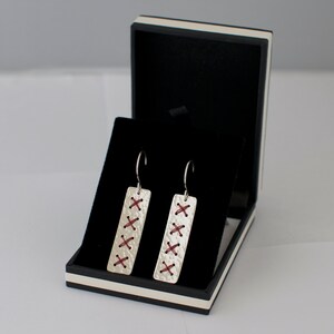 Long Red Cross Stitch Earrings Rectangle Metalwork Wire Hammered Sterling Silver Jewellery Gift image 3